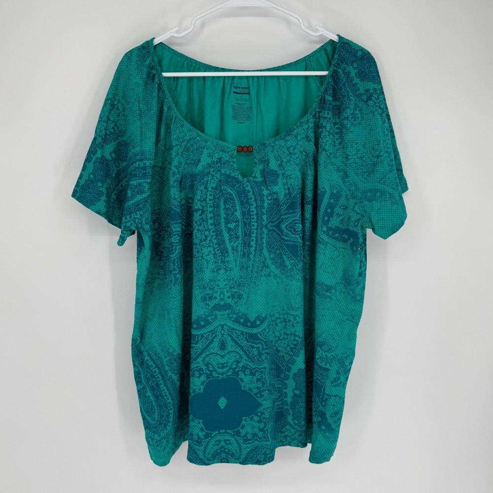 Basic Editions‎ Shirt Womens 1X Blue Teal Beaded Boho Whimsy Plus Size Romantic